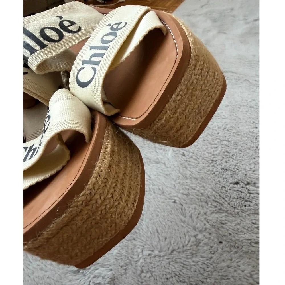 CHLOÉ Woody Logo Platform Slide Sandals Womens EU 39 Ivory‎ Canvas Espadrille